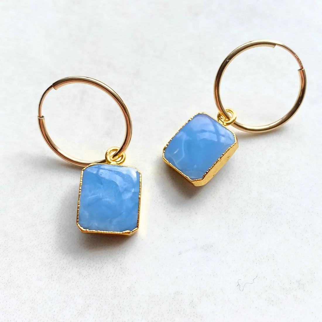 Blue Opal Gem Slice Hoop Earrings