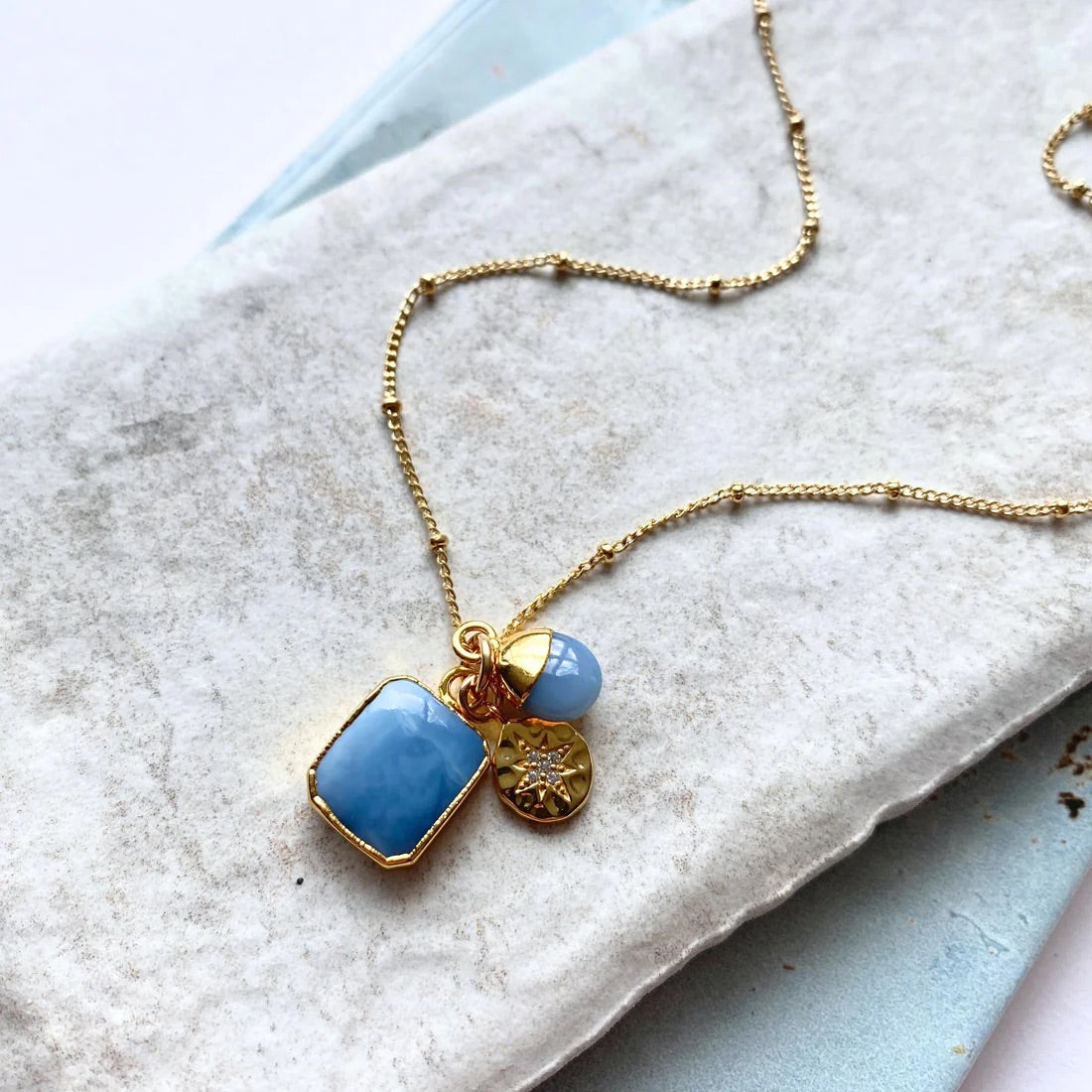 Blue Opal Gem Slice Triple Necklace