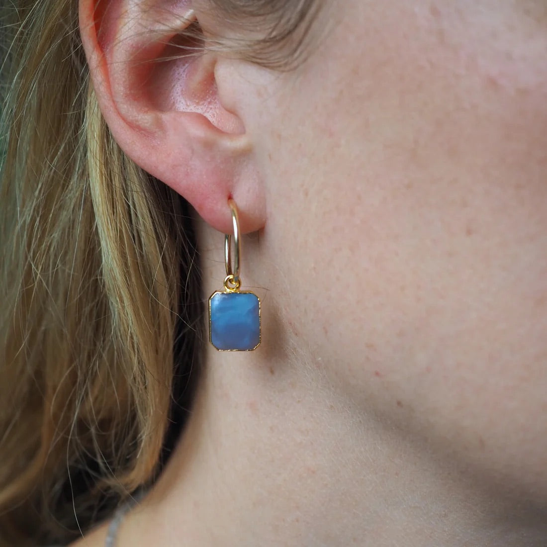 Blue Opal Gem Slice Hoop Earrings