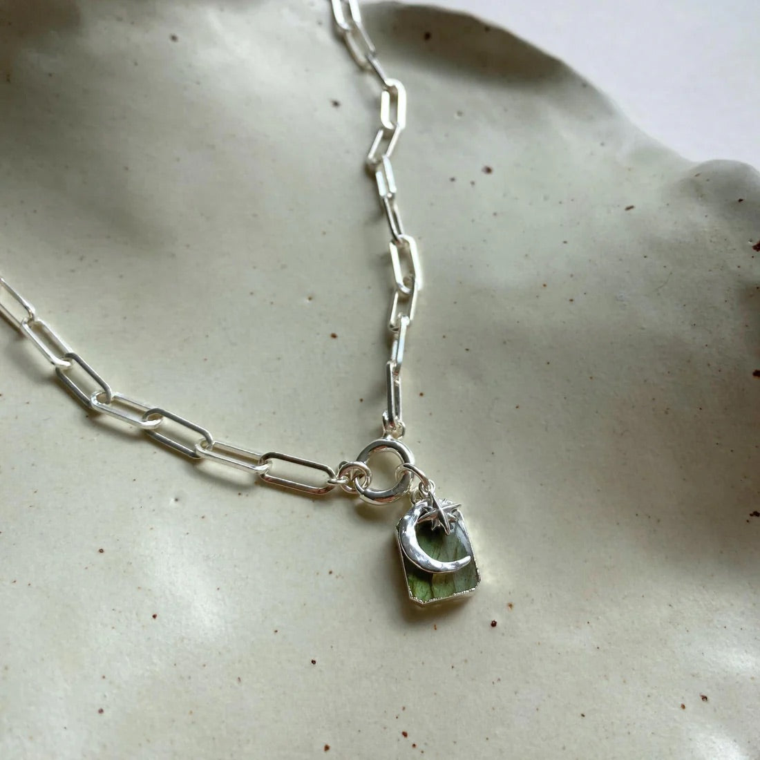 Labradorite Moon & Star Gem Slice Triple Chunky Chain Necklace