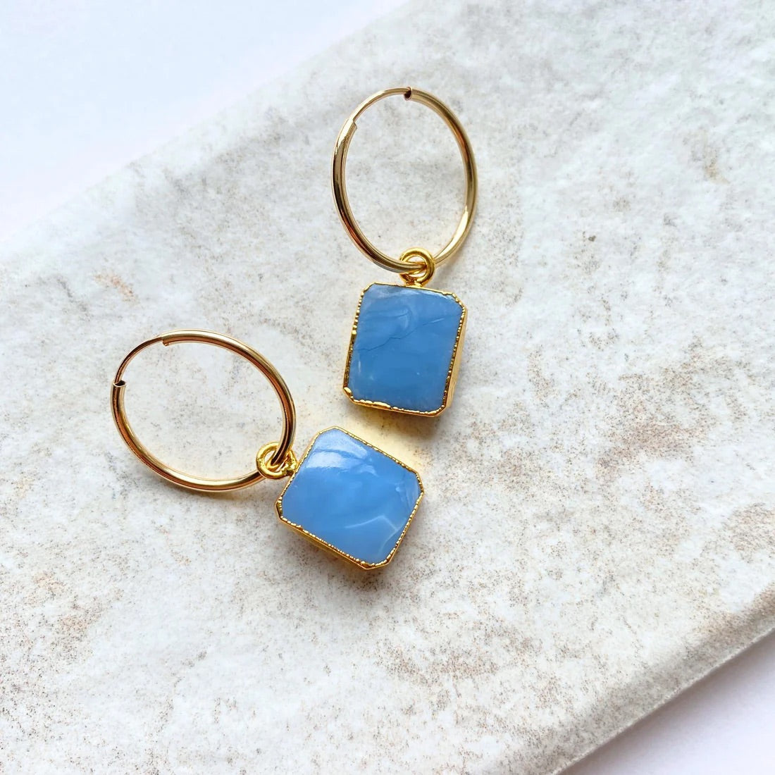 Blue Opal Gem Slice Hoop Earrings